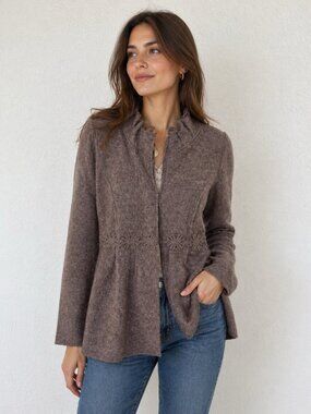 Cynthia Rowley Coat Sweater Medium Brown 100% Wool Pockets Embroidery C1